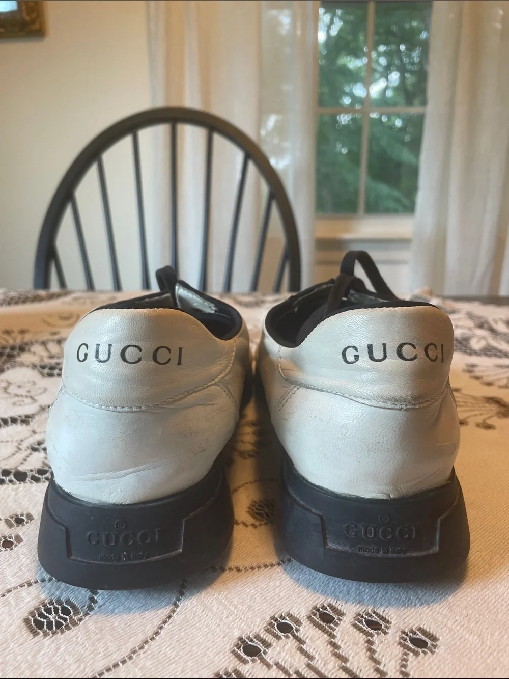 Gucci Vintage Unisex White Leather Lace-Up Sneakers Black Trim Signature Web